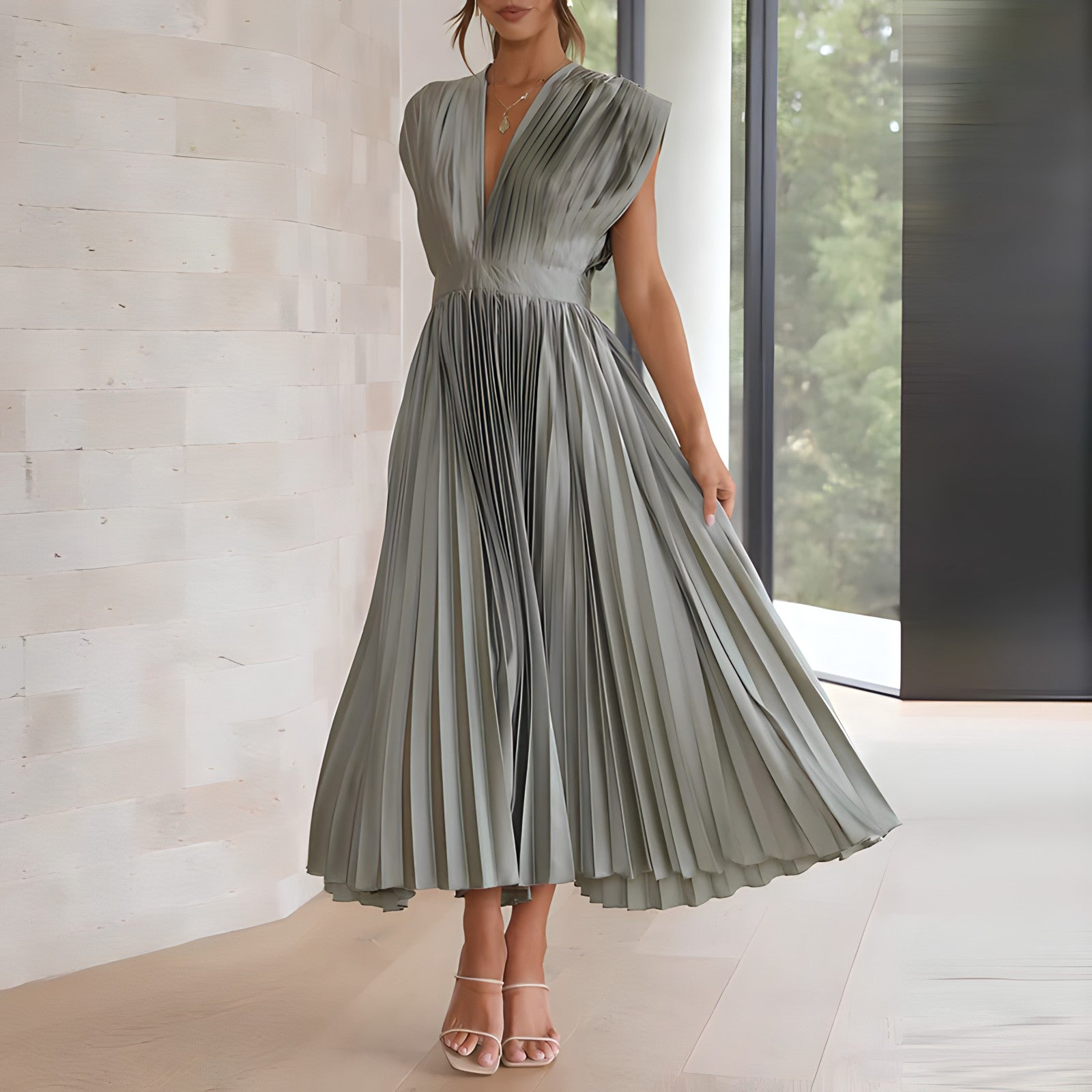 Élodie Lavin | V-Neck Solid Maxi Dress Grey Dresses