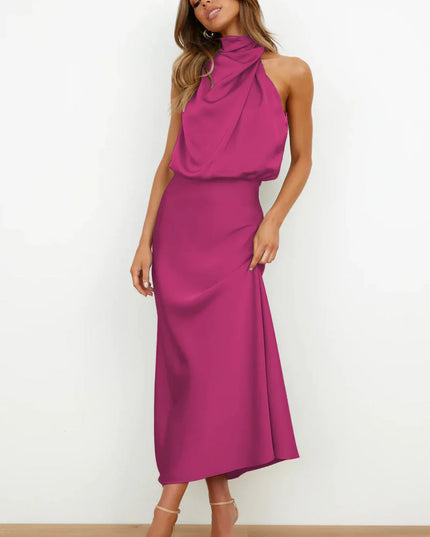 Imelda™ | Long Satin Dress with Halter Neckline Rosey Dress
