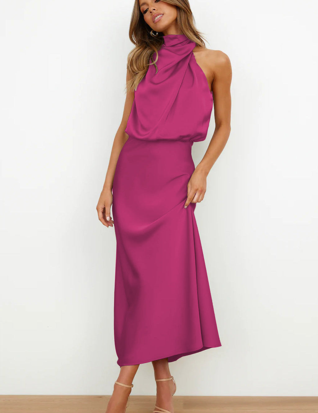 Carlina | Elegant Satin Long Dress with Halter Neckline Pink Dresses