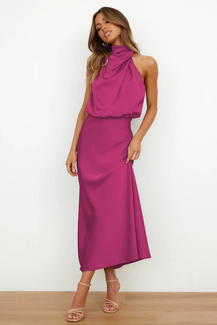 Carlina | Elegant Satin Long Dress with Halter Neckline Pink Dresses