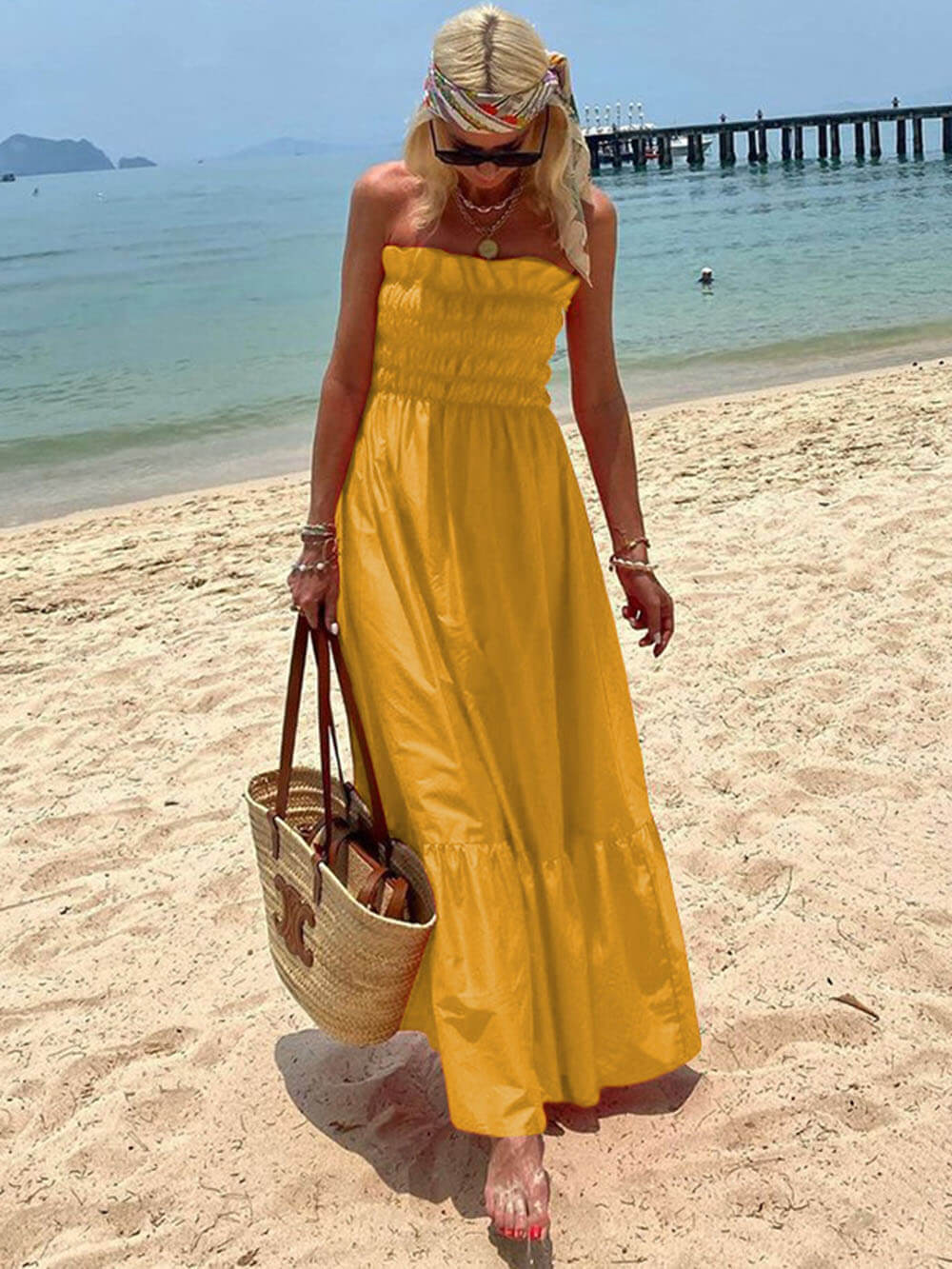 Off Shoulder Smocked Bust Vacation Maxi Dress Dresses