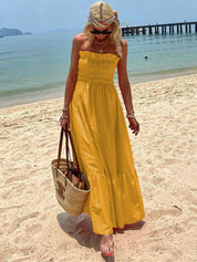 Off Shoulder Smocked Bust Vacation Maxi Dress Dresses