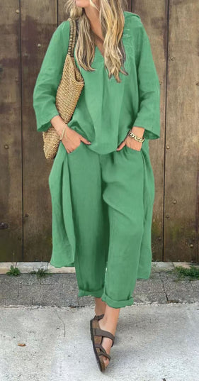 Women's 2-Piece V-Neck Long Sleeve Top & High-Waist Wide-Leg Pants Set with Pockets Green set