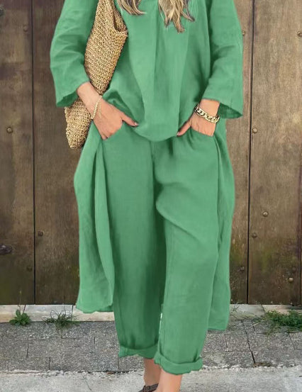 Women's 2-Piece V-Neck Long Sleeve Top & High-Waist Wide-Leg Pants Set with Pockets Green set