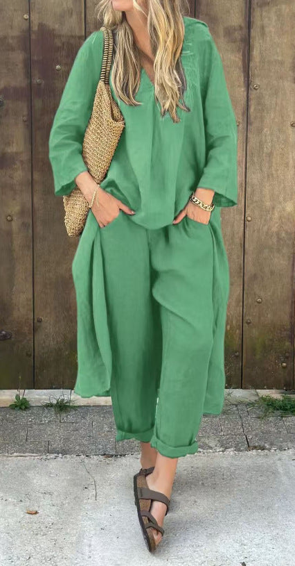Women's 2-Piece V-Neck Long Sleeve Top & High-Waist Wide-Leg Pants Set with Pockets Green set