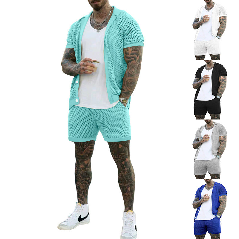 Men's Summer Casual Hollow Short Sleeve Shirt & Shorts Set Shirts