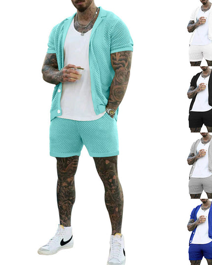 Men's Summer Casual Hollow Short Sleeve Shirt & Shorts Set Shirts