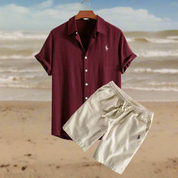 Linen Shirt and Shorts Set Marron Men Set