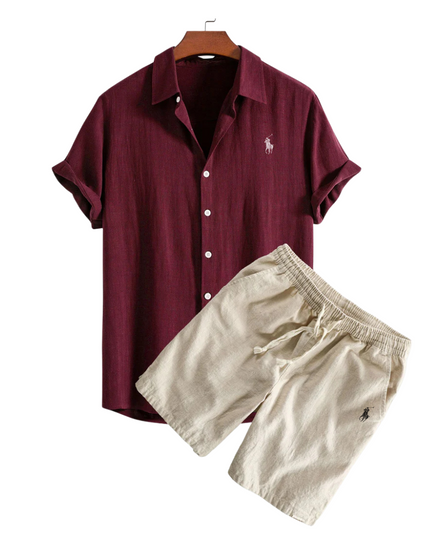 Linen Shirt and Shorts Set Marron Men Set
