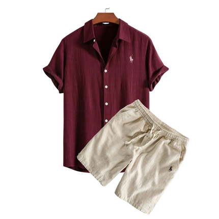 Linen Shirt and Shorts Set Marron Men Set
