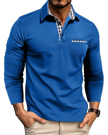 Casual Plaid Splicing Lapel Polo Shirt Fashion Solid Color Long Sleeve Top Men's Clothing Blue