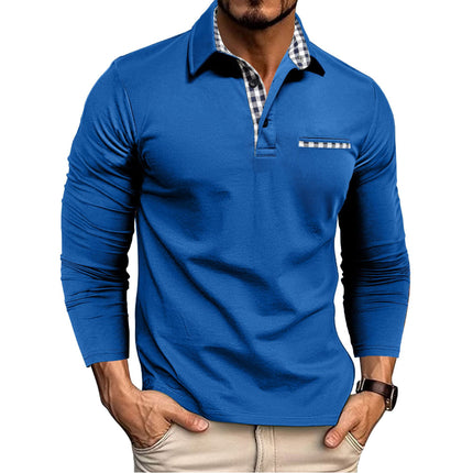 Casual Plaid Splicing Lapel Polo Shirt Fashion Solid Color Long Sleeve Top Men's Clothing Blue