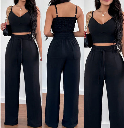 Women's Two-Piece Sleeveless V-Neck Vest & High-Waist Wide-Leg Pants Set Black Sets