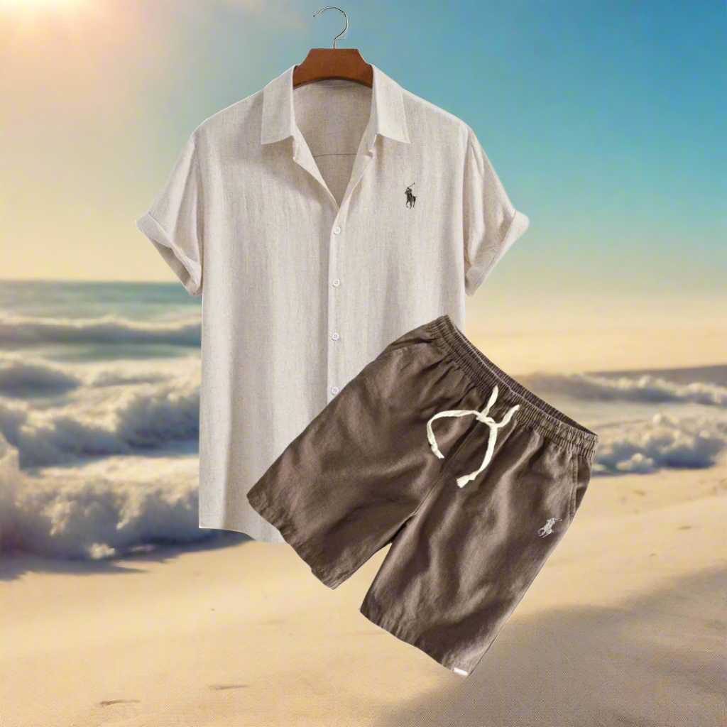 Linen Shirt and Shorts Set Beige and Coffee Men Set