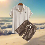 Linen Shirt and Shorts Set Beige and Coffee Men Set