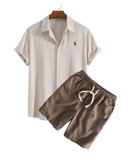 Linen Shirt and Shorts Set Beige and Coffee Men Set