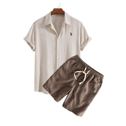 Linen Shirt and Shorts Set Beige and Coffee Men Set