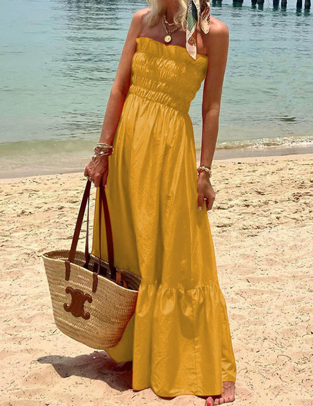 Off Shoulder Smocked Bust Vacation Maxi Dress Yellow Dresses