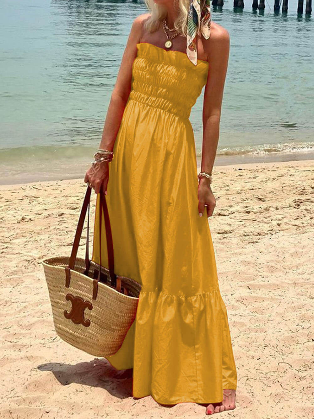 Off Shoulder Smocked Bust Vacation Maxi Dress Yellow Dresses