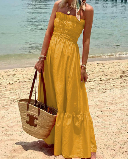 Off Shoulder Smocked Bust Vacation Maxi Dress Yellow Dresses