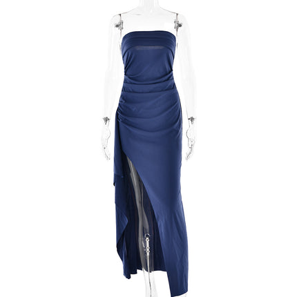 Strapless Pleated Split Long Dress Navy Blue Dresses