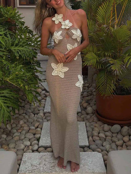 3D Flower Decor Halter Neck Bodycon Crochet Maxi Dresses Brown Dresses