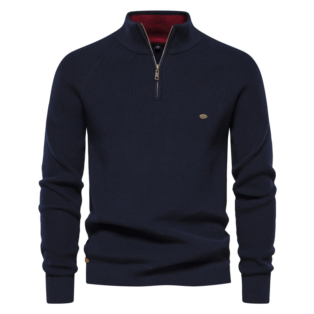 Men’s Zipper Stand Collar Knitted Sweater Navy Blue Men - Main - Winter
