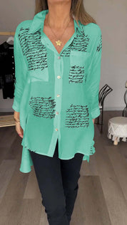 Lina | Letter Print Fashion Lapel Shirt Jade Green Shirts & Tops