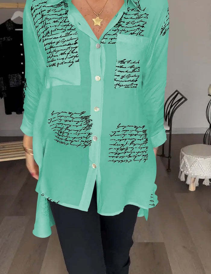 Lina | Letter Print Fashion Lapel Shirt Jade Green Shirts & Tops