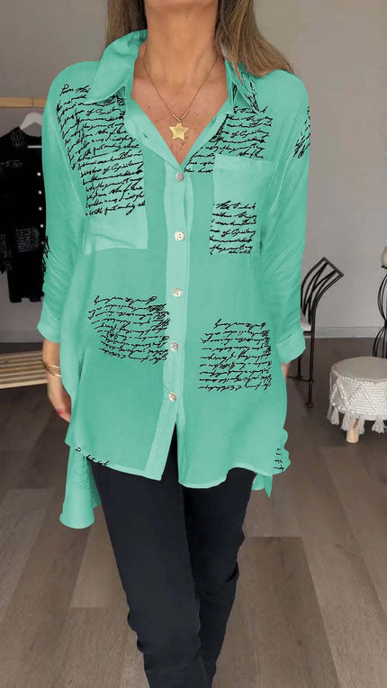 Lina | Letter Print Fashion Lapel Shirt Jade Green Shirts & Tops