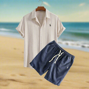 Linen Shirt and Shorts Set Beige and Blue Men Set