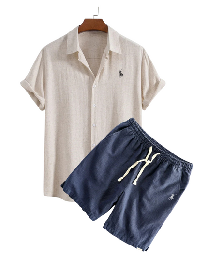 Linen Shirt and Shorts Set Beige and Blue Men Set