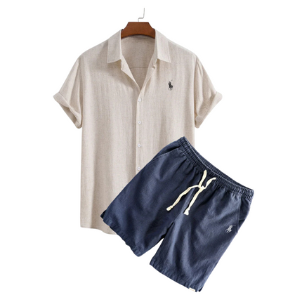 Linen Shirt and Shorts Set Beige and Blue Men Set