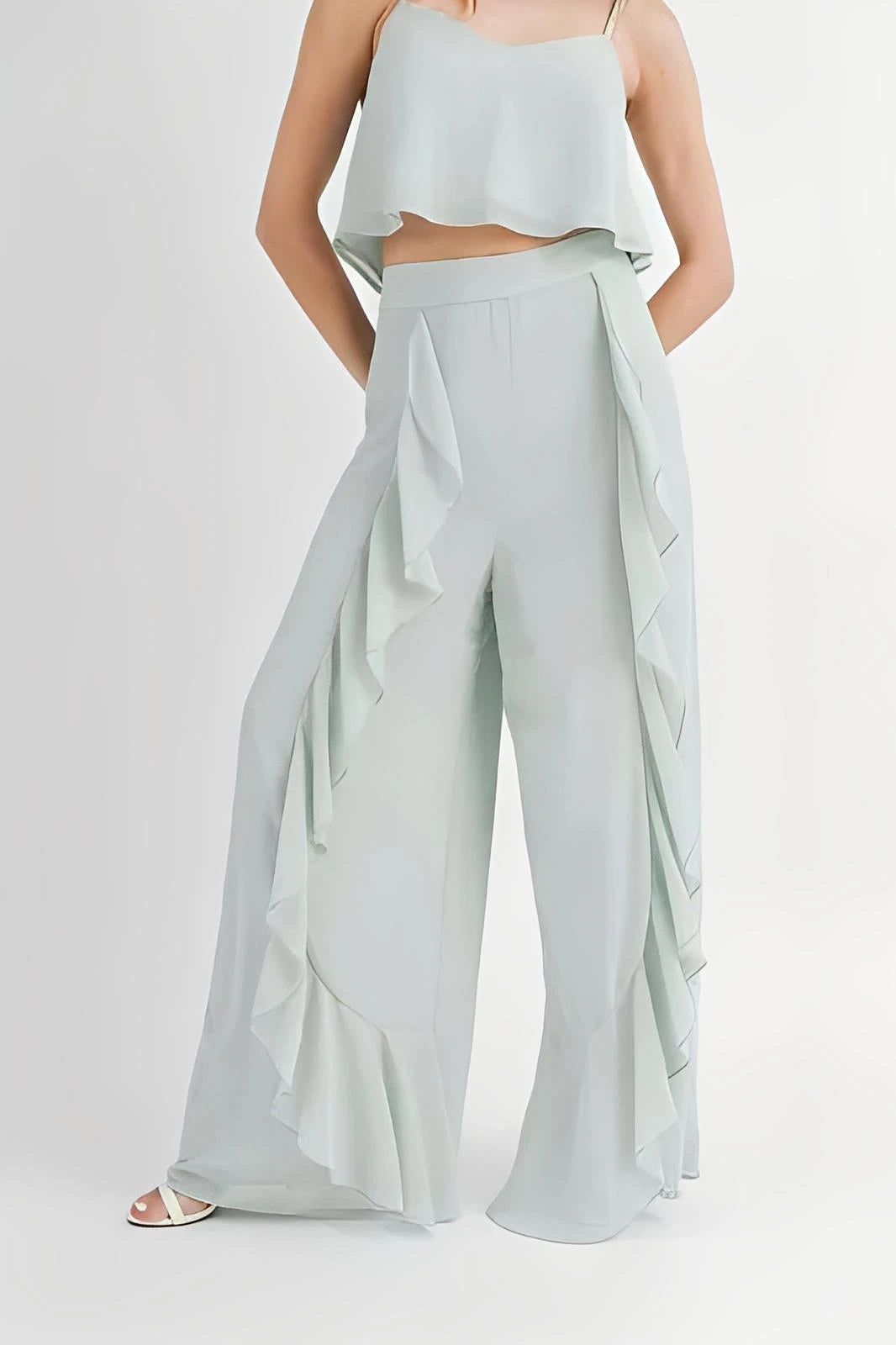 MABLE Crop Cami and Ruffled Wide Leg Pants Set