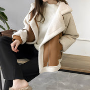 Vintage Crop Pockets Lambhair Jacket Khaki Motorbike Jacket