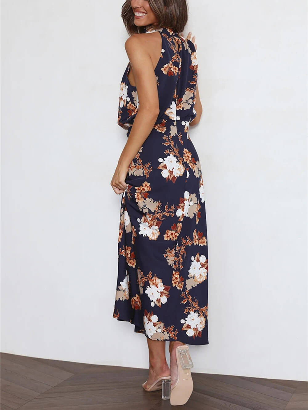 Halter Neck Floral Elastic Waist Maxi Dress Dresses