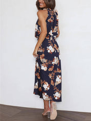 Halter Neck Floral Elastic Waist Maxi Dress Dresses