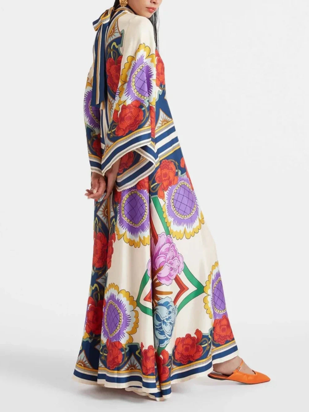 Exquisite Floral Print Draped Waterfall Sleeves Maxi Dress Dresses