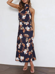 Halter Neck Floral Elastic Waist Maxi Dress Dresses