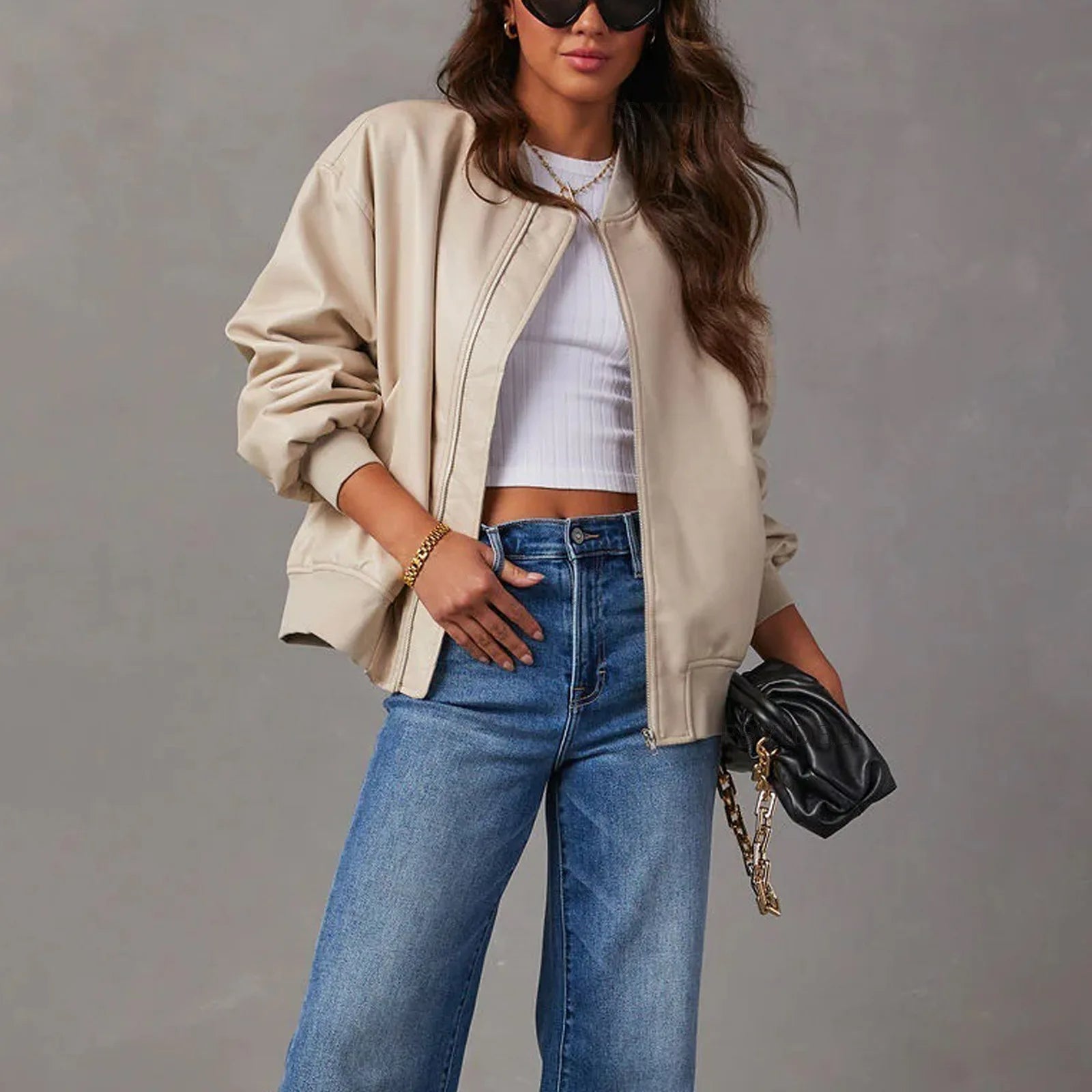 Women's Casual Leather Jacket Beige Jackets