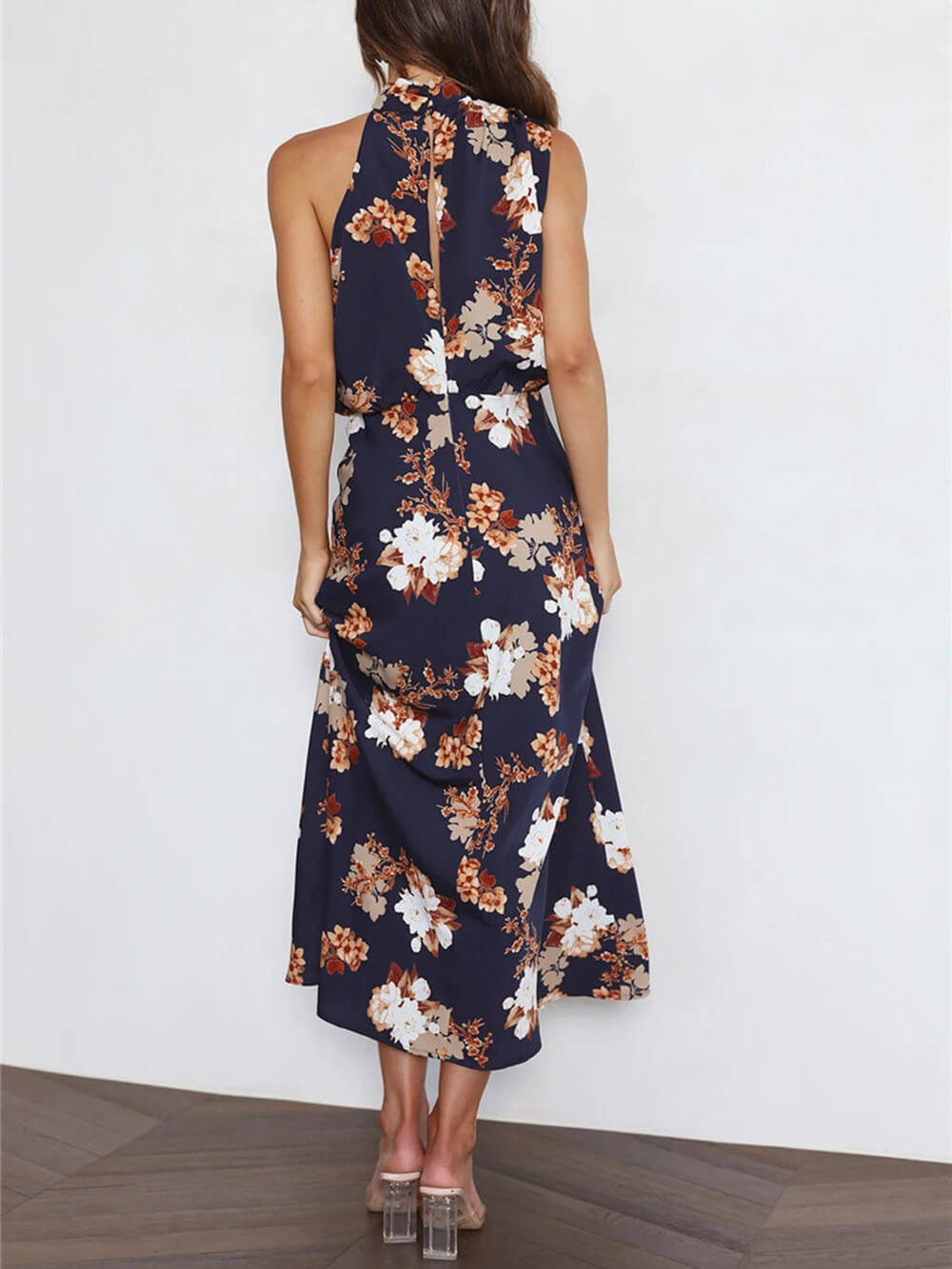 Halter Neck Floral Elastic Waist Maxi Dress Dresses