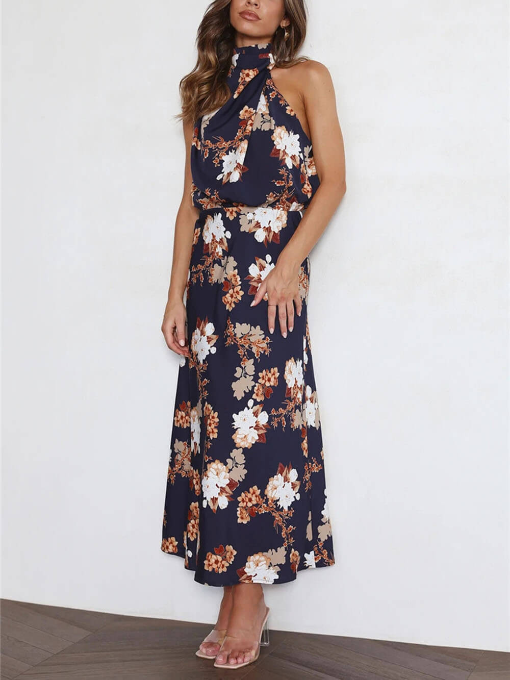 Halter Neck Floral Elastic Waist Maxi Dress Dresses
