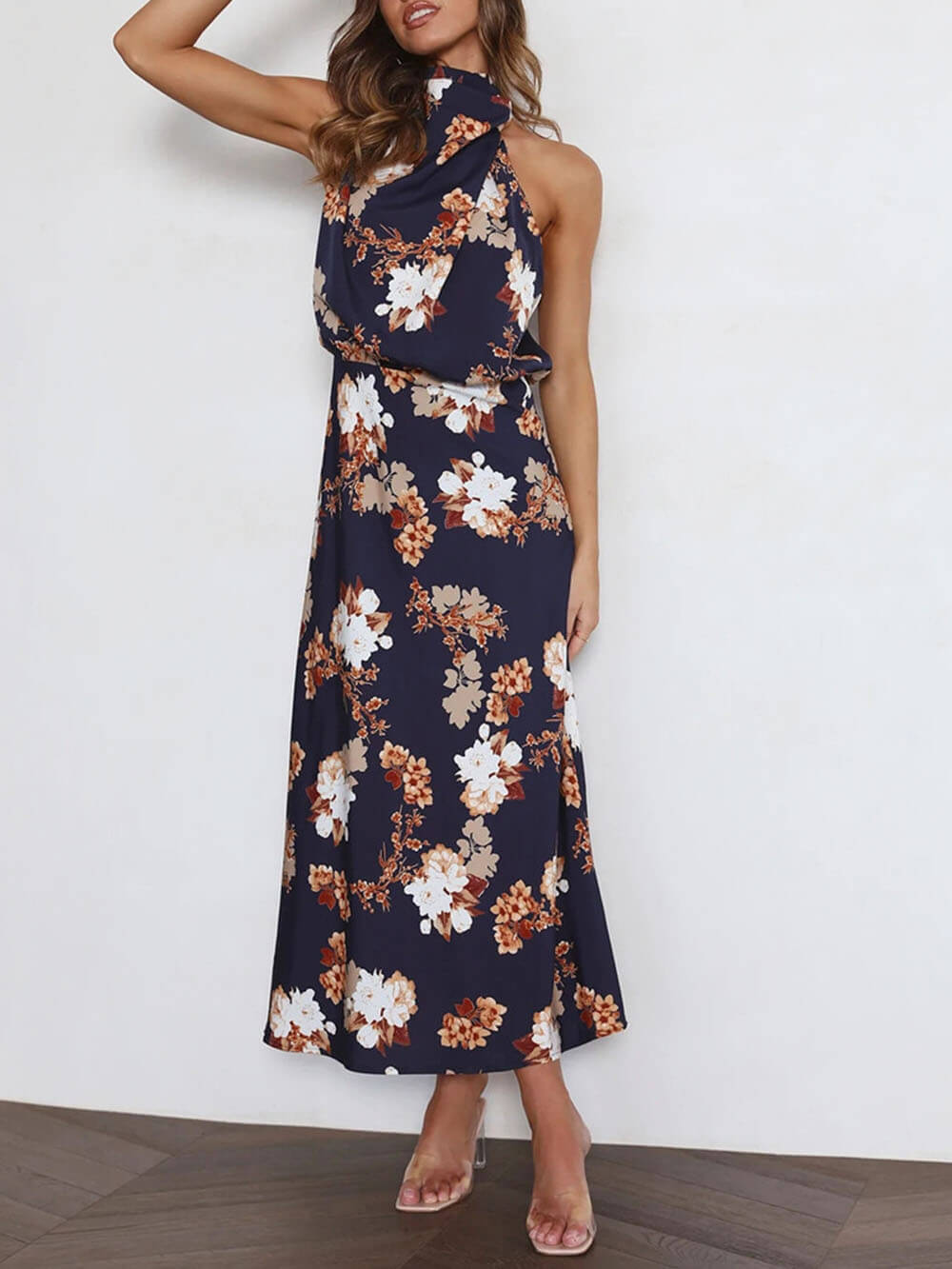 Halter Neck Floral Elastic Waist Maxi Dress Dresses