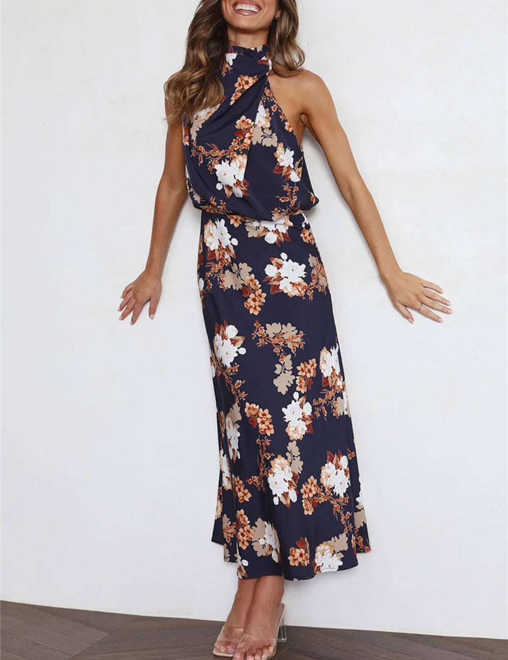 Halter Neck Floral Elastic Waist Maxi Dress Navy Blue Dresses