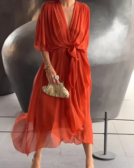 Seraphina | Timeless Wrap Midi Dress Red Orange Dresses
