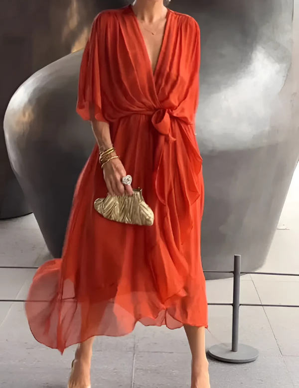Seraphina | Timeless Wrap Midi Dress Red Orange Dresses