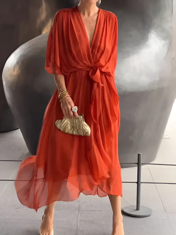 Seraphina | Timeless Wrap Midi Dress Red Orange Dresses