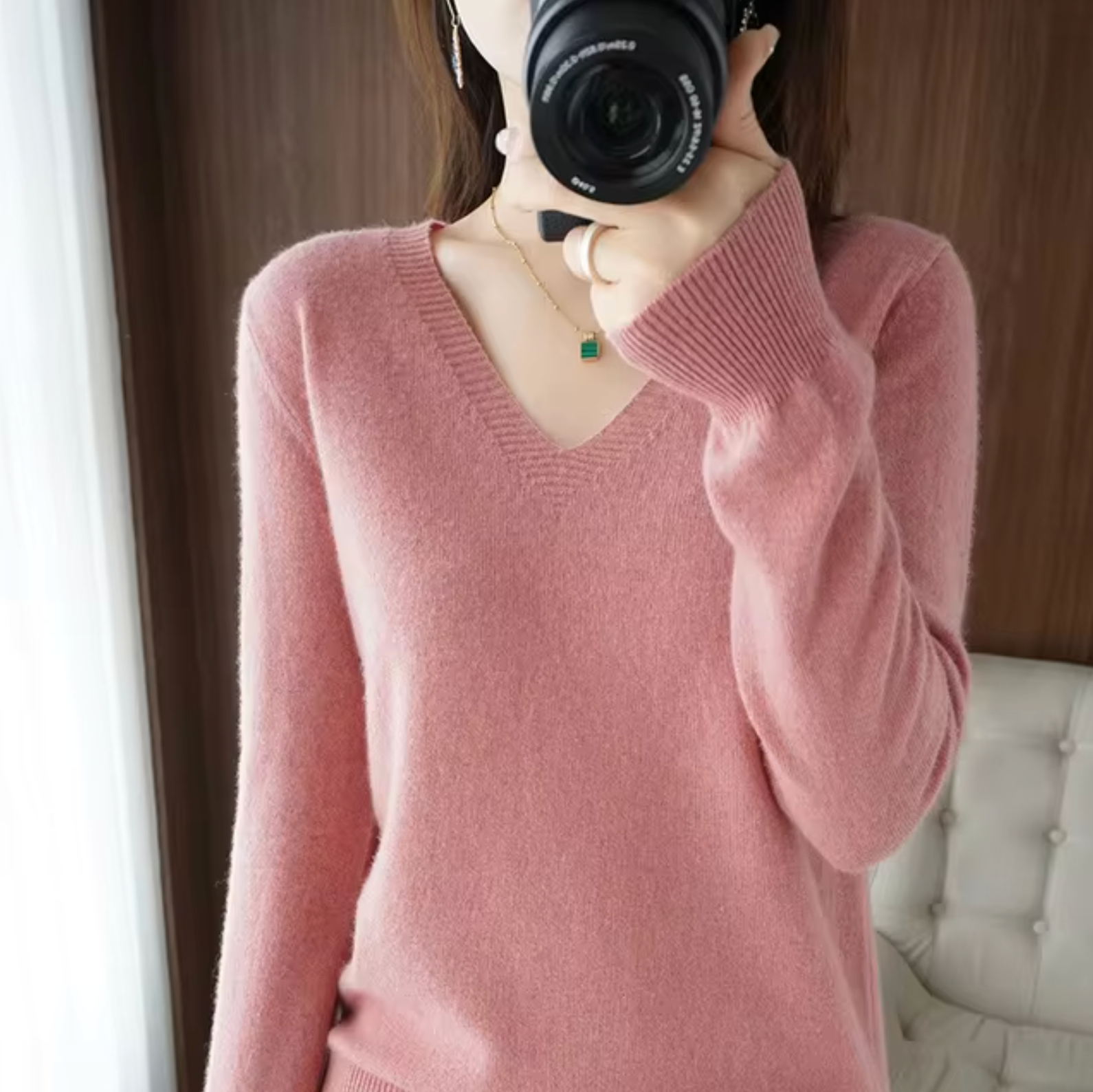 Women's Cashmere V-Neck Sweater Rose Sweater