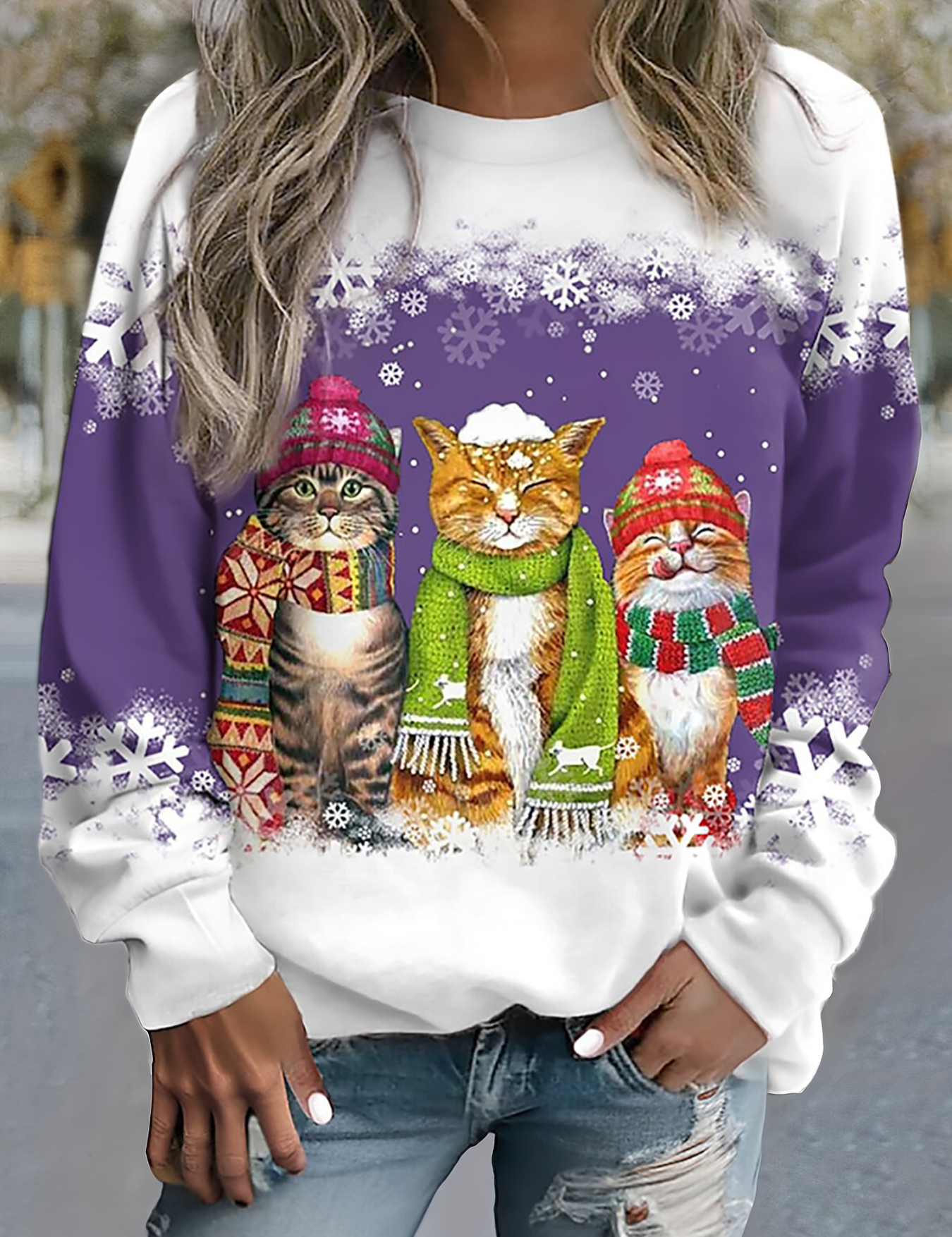 Cat Print Winter Sweatshirt - OKOHOKO™ FASHION