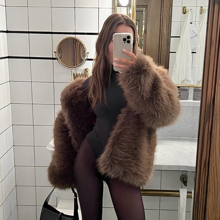 Women's Mid-Length Faux Fur Coat Brown Short Coat